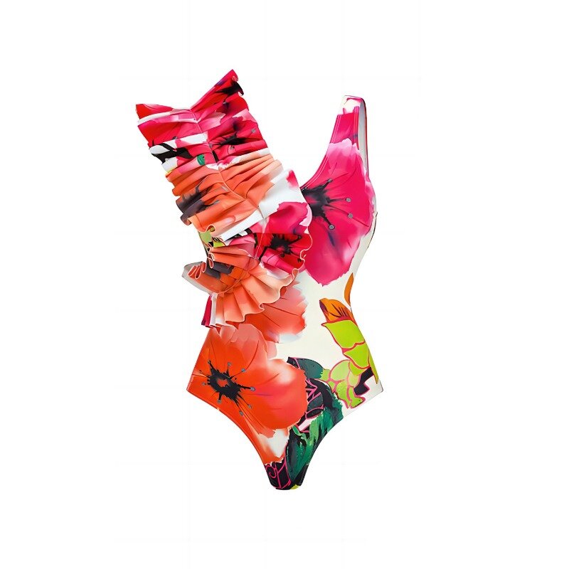 플러스 사이즈 여성용 섹시한 원피스 수영복, 유럽 및 미국 비키니, 프릴 에지 프린트 수영복, 비키니 메쉬 롱 스커트, 신상