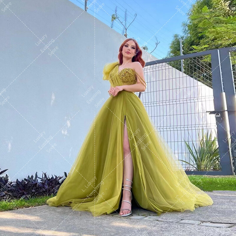 Luxury Light Green A Line Evening Dresses For Woman Sexy Side Split One Shoulder Prom Gowns Formal Fashion Celebrity Party 2024