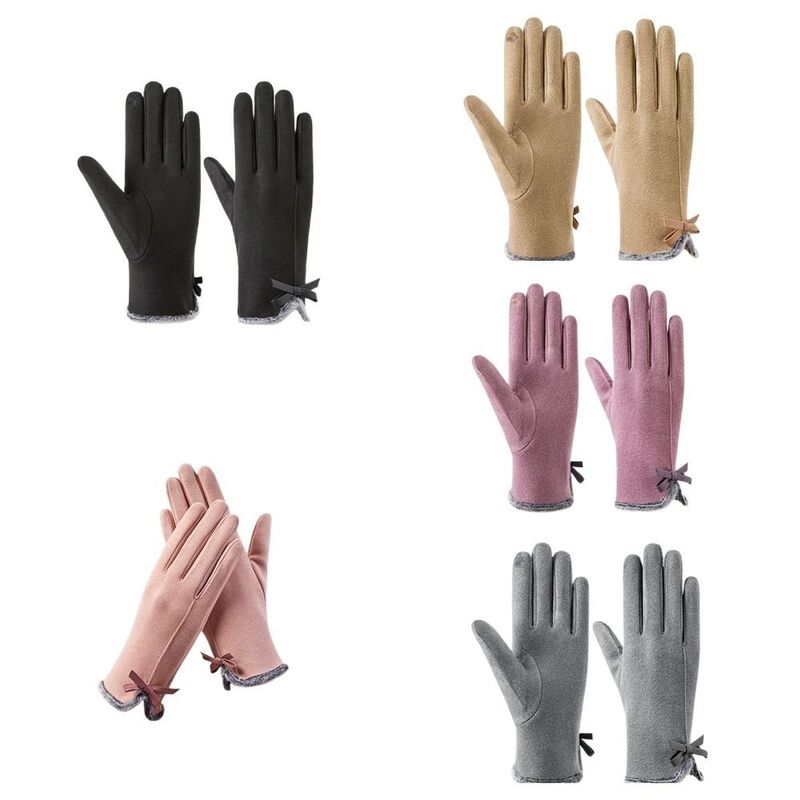 Touch Screen Winter Bowknot Gloves Warm Five Finger Winter Velvet Gloves Cycling Gloves Korean Style Plush Driving Gloves