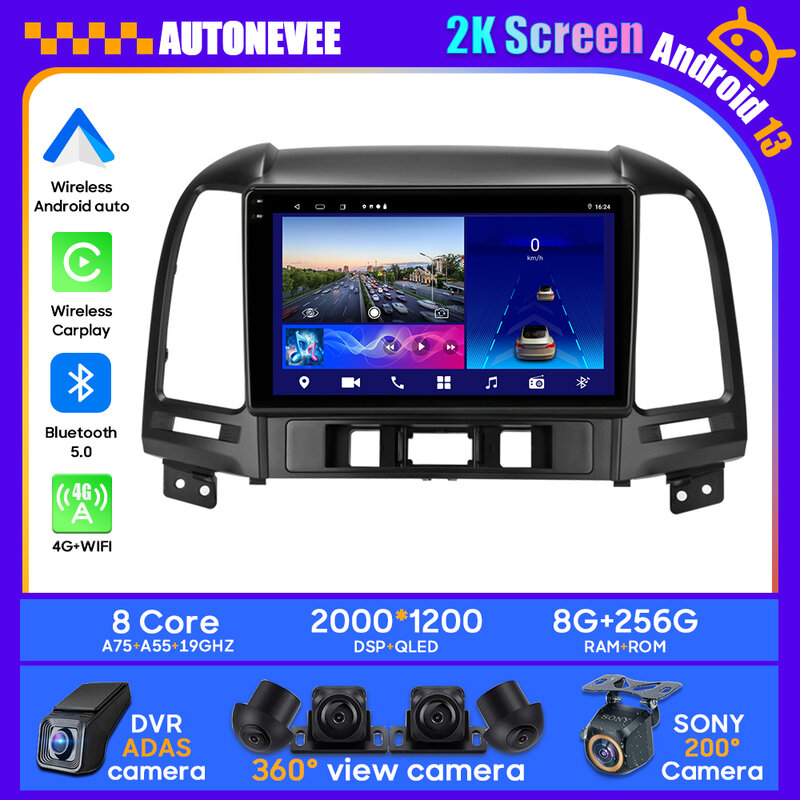 Reproductor Multimedia para coche, Radio estéreo con navegación GPS, BT, Carplay, Android, No 2DIN, DVD, para Hyundai Santa Fe 2006-2012