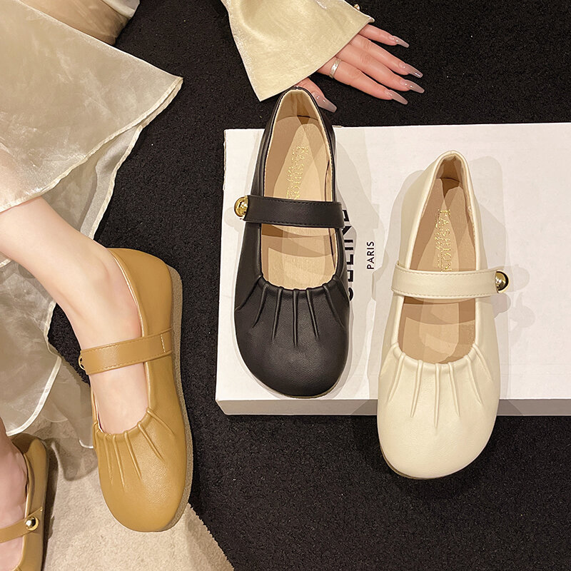Damskie płaskie koreańskie miękkie skórzane buty dla damskie mokasyny płytkiego komfortu obuwie Casual Retro solidne mieszkania baletowe szkolne pojedyncze buty