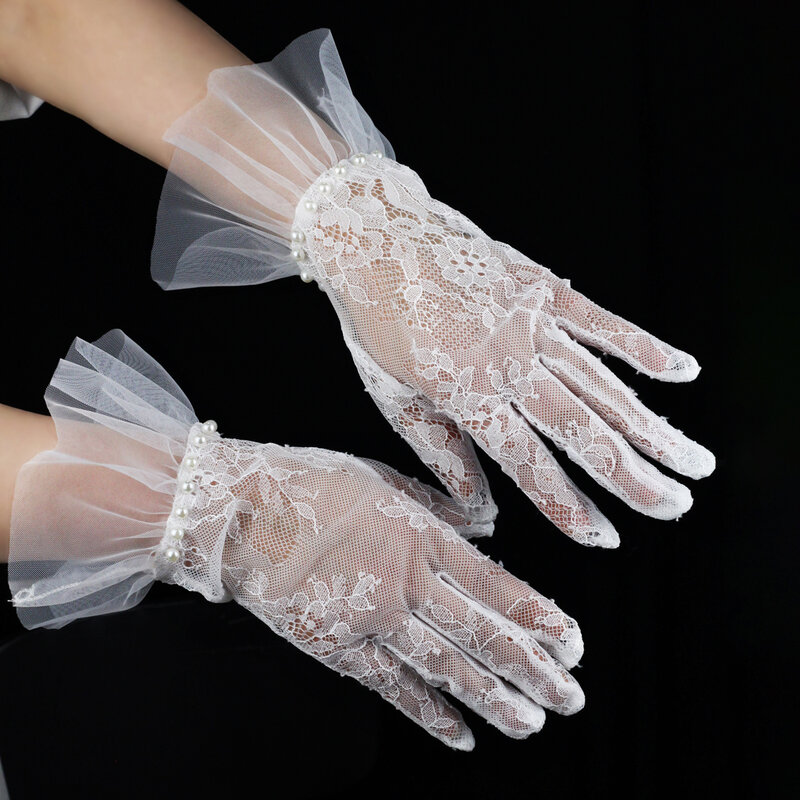 WG048-guantes cortos de encaje blanco para novia y dama de honor, accesorio exquisito con borde de volantes y perlas, ideal para boda