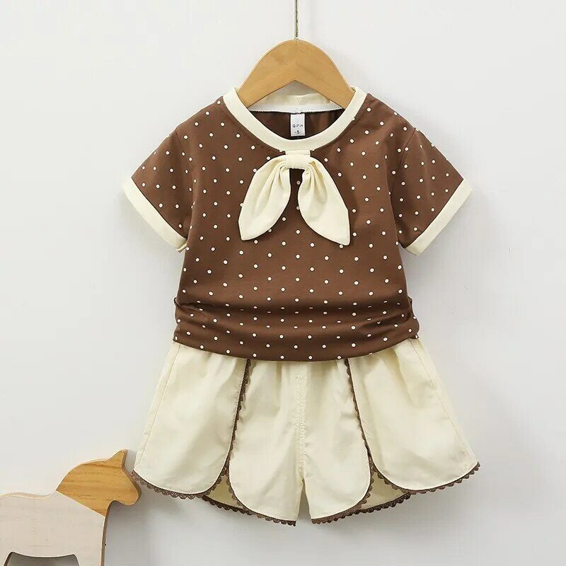 Ensemble de vêtements d'été coréens pour bébés filles, t-shirt à manches courtes avec nœud, short polyvalent, tenues pour bébés filles, imprimé à pois, été, 2 pièces