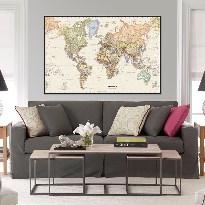 레트로 세계 지도 부직포 빈티지 지도, 각국 주요 도시 상세 지도, 집 장식 벽 포스터, 59x42cm