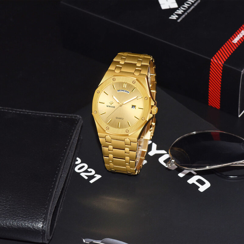 WWOOR-Relógio masculino impermeável de aço inoxidável, luminoso com calendário semanal, marca de luxo, grande
