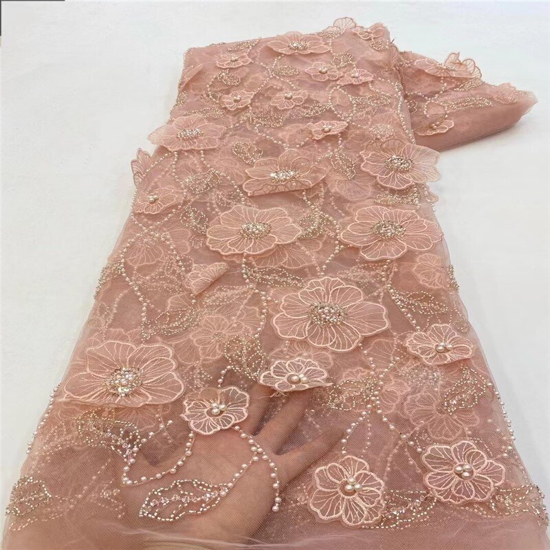 Tela de tubo de cuentas de burbujas de flores tridimensionales, vestido de novia bordado con lentejuelas, forro bordado