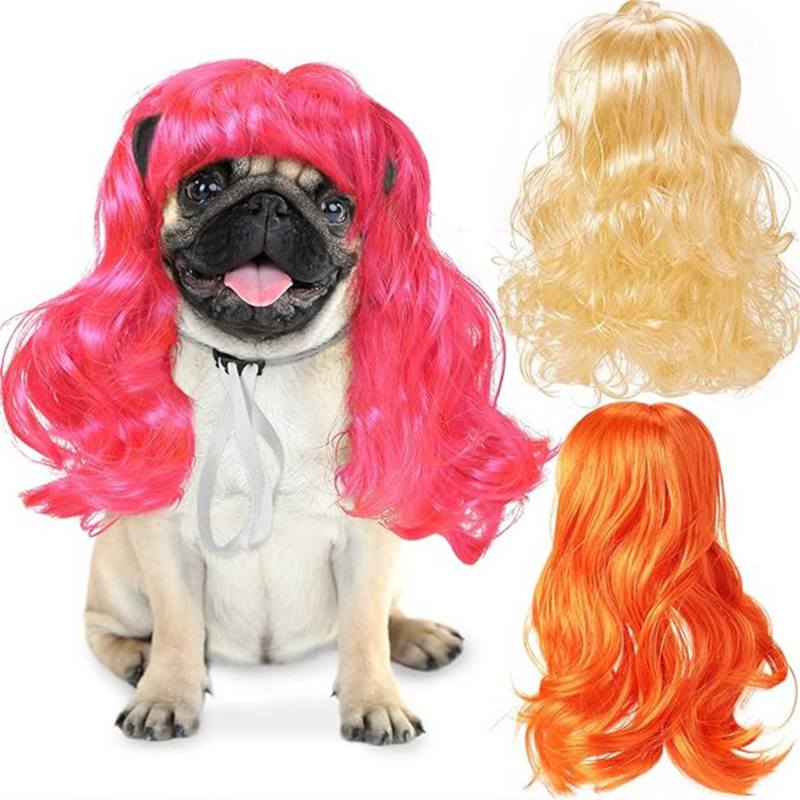 C wig hewan peliharaan kucing dan wig anjing Cosplay lucu hiasan kepala hewan peliharaan wig anjing kucing dengan pita elastis yang dapat disesuaikan