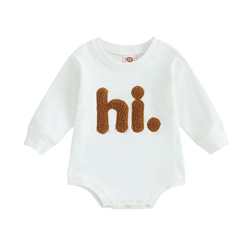 2023-08-03 Lioraitiin 0-18M Infant Baby Girls Casual Bodysuit Crewneck Beige Long Sleeve Fuzzy Letter Embroidery Playsuit