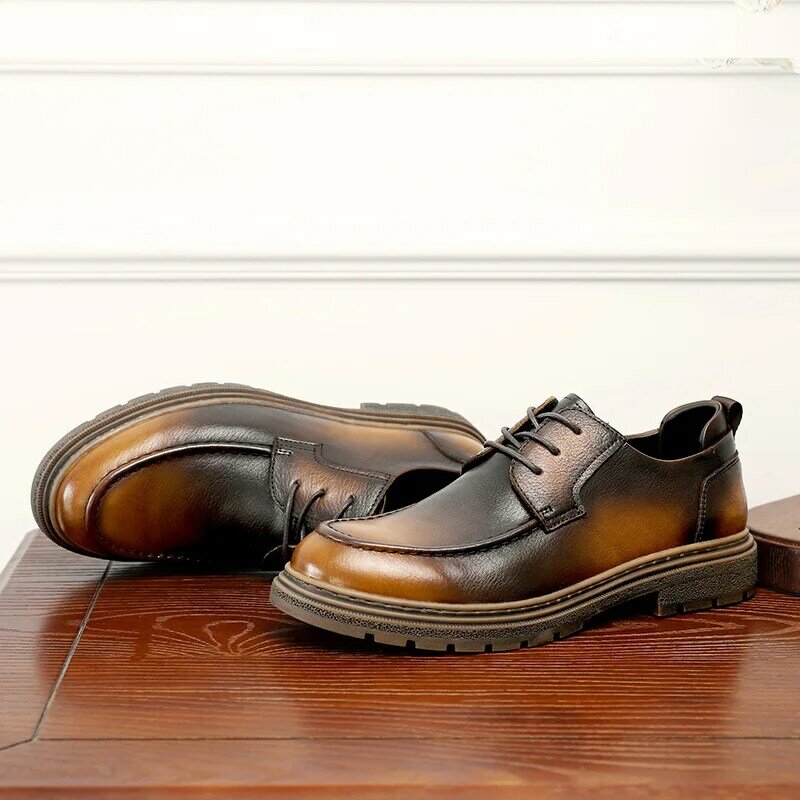 Desai-Chaussures en cuir décontractées polyvalentes pour hommes, respirantes, rétro, britannique, rond, Parker, Derby, chimwork, nouveau