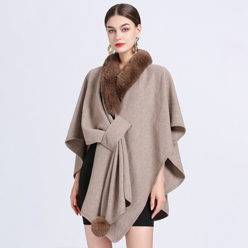 Jesienno-zimowa nowa imitacja wydra królik futro kołnierz peleryna duży sweter dziergany płaszcz poncho kobiety peleryny zielony płaszcz