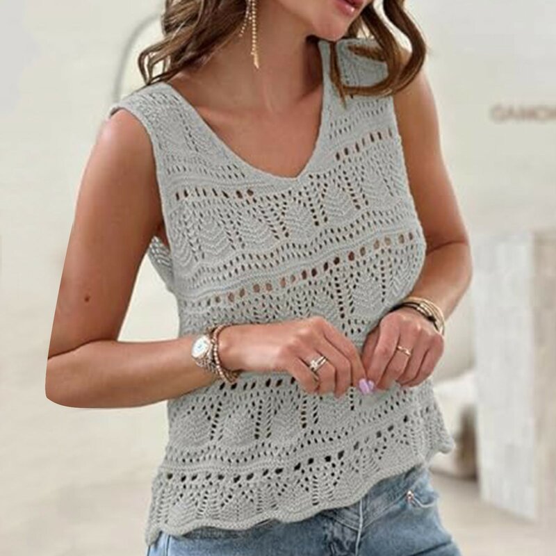 2024 Summer Casual Tank Crop Tops For Women V-Neck Sleeveless Solid Color Blouse Top Ladies Hollow Out Beach Tee Shirts Holiday