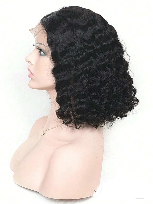 Peluca de cabello humano virgen brasileño para mujer negra, pelo corto predespuntado con encaje Frontal, 180% de densidad, onda profunda