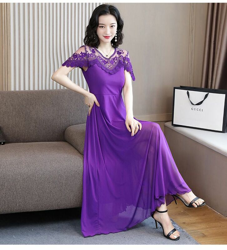 Mesh Dress for Women's Summer Long Dress 2024 New Short Sleeved Waist Slimming and Large Hem Temperament Long Lace Skirt