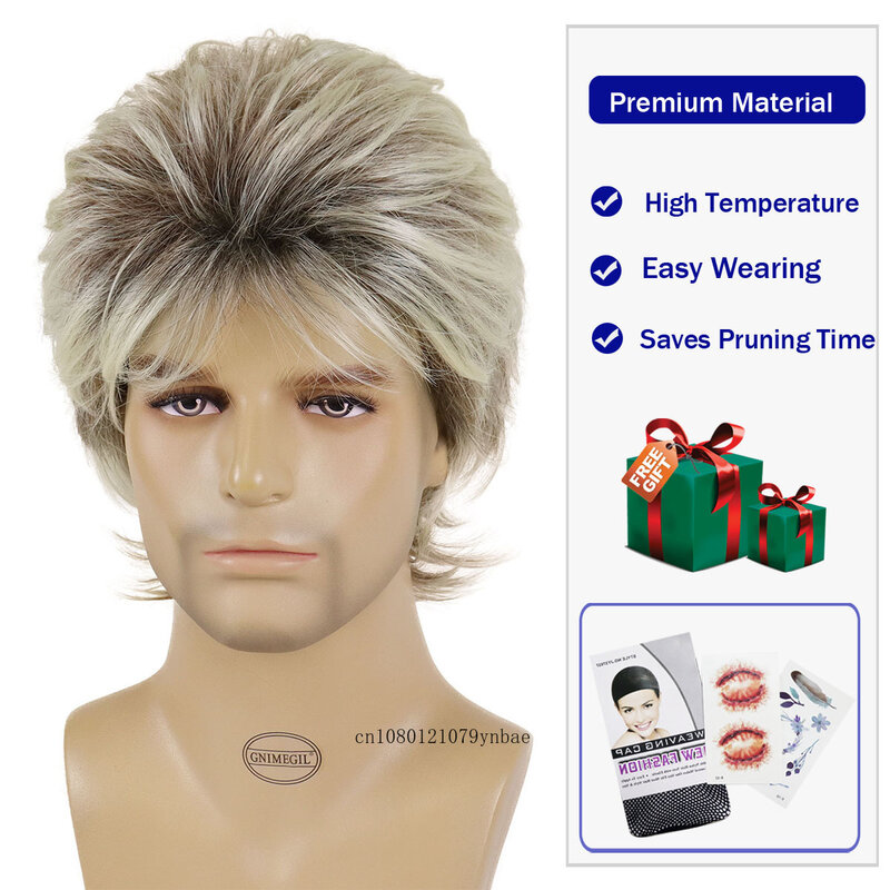Short Ombre Blonde Wigs Synthetic Hair Bouncy Wig with Bangs for Men Heat Resistant Fiber Daily Party Costume Natural Looking