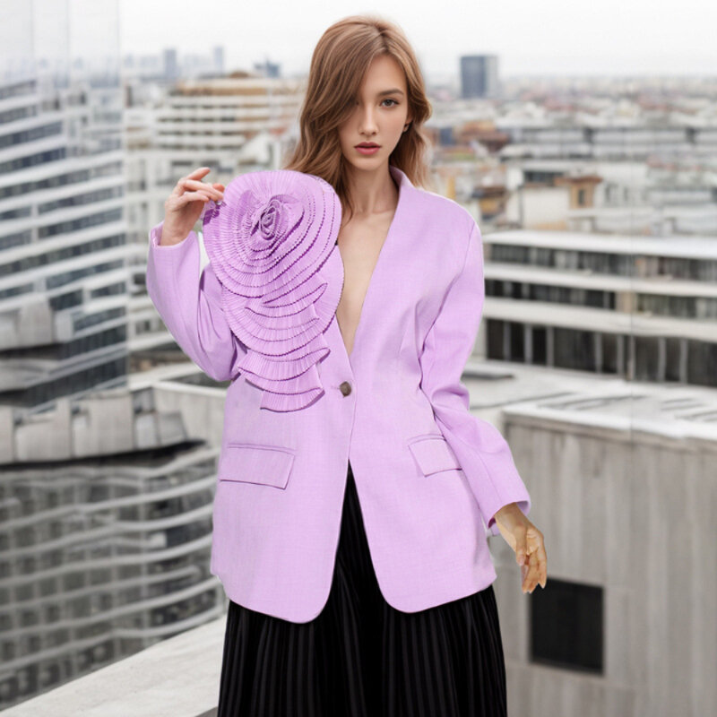 Новый модный элегантный V-образный вырез с одной пуговицей, 3D Цветочный дизайн для костюма, пальто для женщин