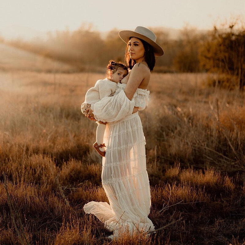 Vestido de maternidad para sesión de fotos, gasa plisada, manga larga, hombros descubiertos, cuatro piezas, estilo bohemio, vestido de fotografía para mujer