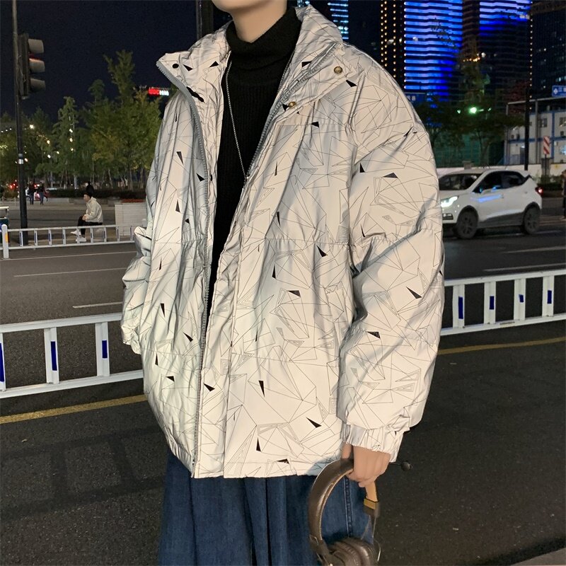Odblaskowe parki mężczyźni nowy nabytek zimowe ubrania gruby koreański styl modny cały mecz Unisex para luźne Ins znosić ciepła z nadrukiem