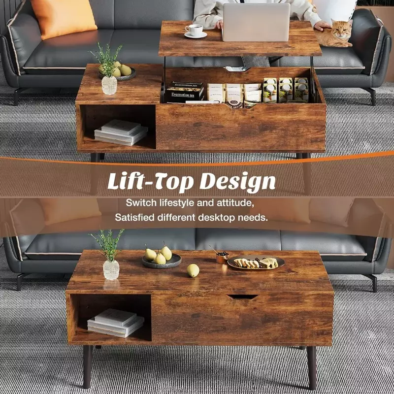 Журнальный столик коричневый, подъемные журнальные столики для гостиной, небольшие поднимающиеся деревянные обеденные столы с полкой для хранения