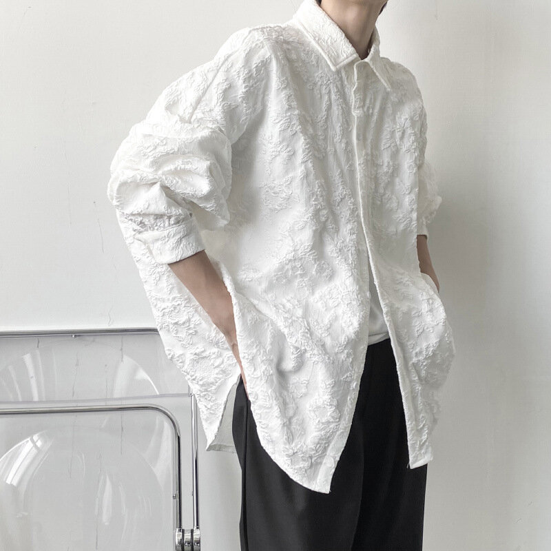 Koszule męskie kwiatowe styl japoński modne luźna plisowana z długim rękawem, dopasowane główna ulica młodzieńcze, fajne Vintage