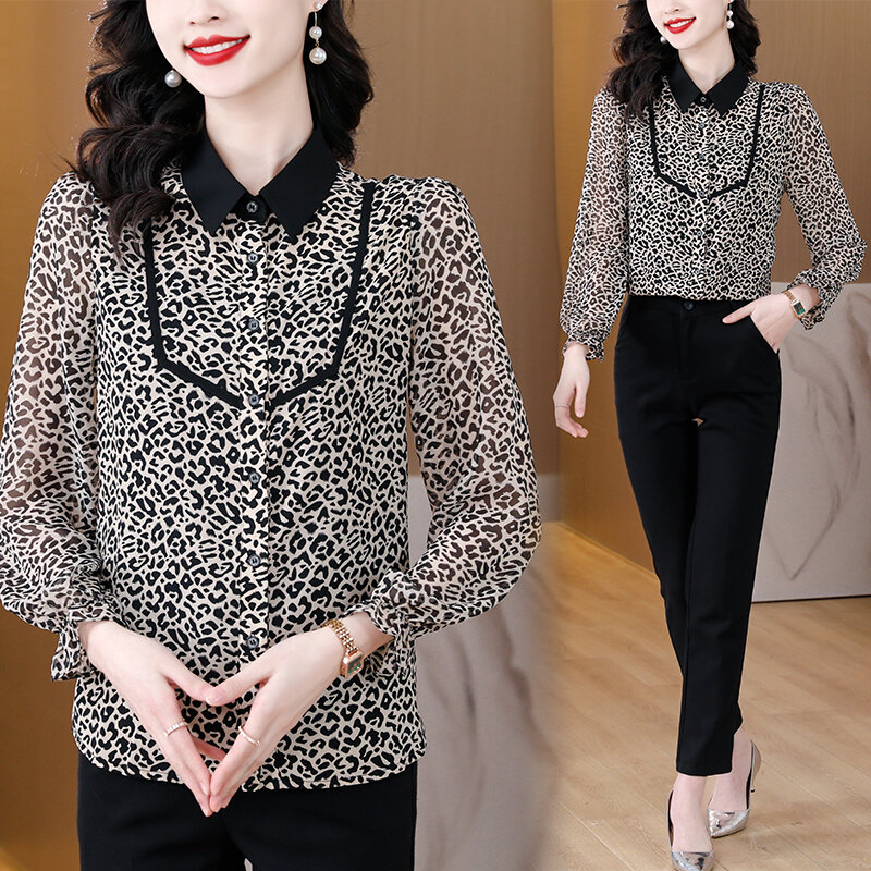 2023 Spring and Summer New Leopard Shirt Age Reducing Versatile Small Shirt Long Sleeve Casual Fashion Top Women's Shirt