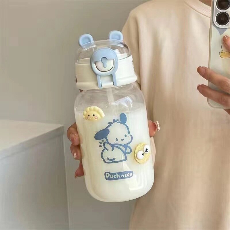 Sanrio-botella de agua de Hello Kitty, bote de paja transparente de 400ML, tazas de plástico, regalo artesanal, Anime, Kuromi, Cinnamoroll