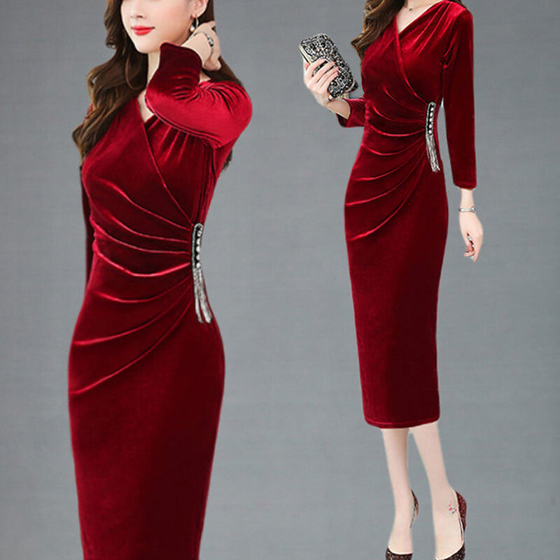 Платье женское тонкое с длинным рукавом, элегантный повседневный приталенный пуловер с V-образным вырезом, однотонная красная одежда, весна-осень 2023