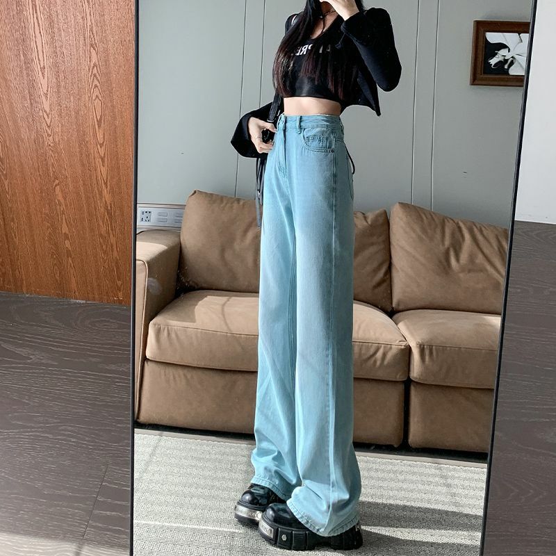 Jade Groene Damesjeans Met Hoge Taille En Rechte Pijpen 2024 Lente/Zomer Mode Koreaanse Slanke Broek Met Wijde Pijpen