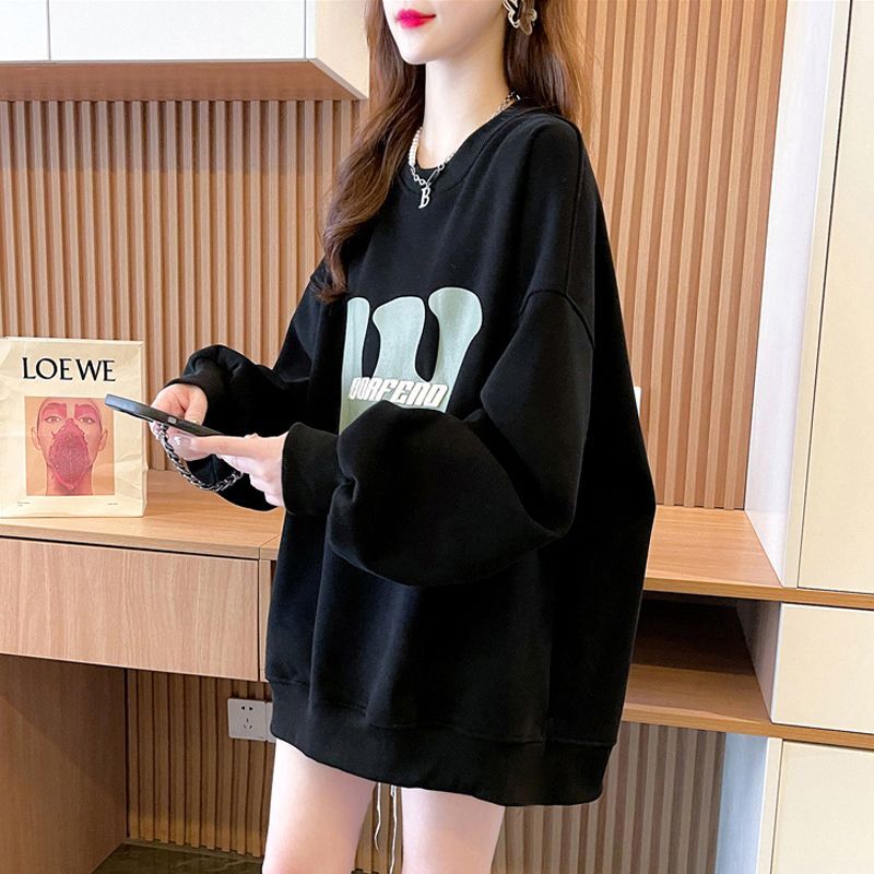 Fashion Letter Print Pullover Sweatshirts for Women Korean Casual Solid Long Sleeve Loose Pull Tops Y2k Female Clothing Oversize