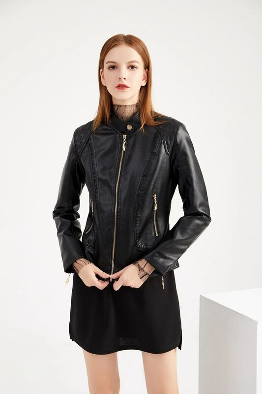 Jaket kulit PU wanita, jaket kulit wanita musim semi dan gugur 2024New, temperamen besar, kerah berdiri