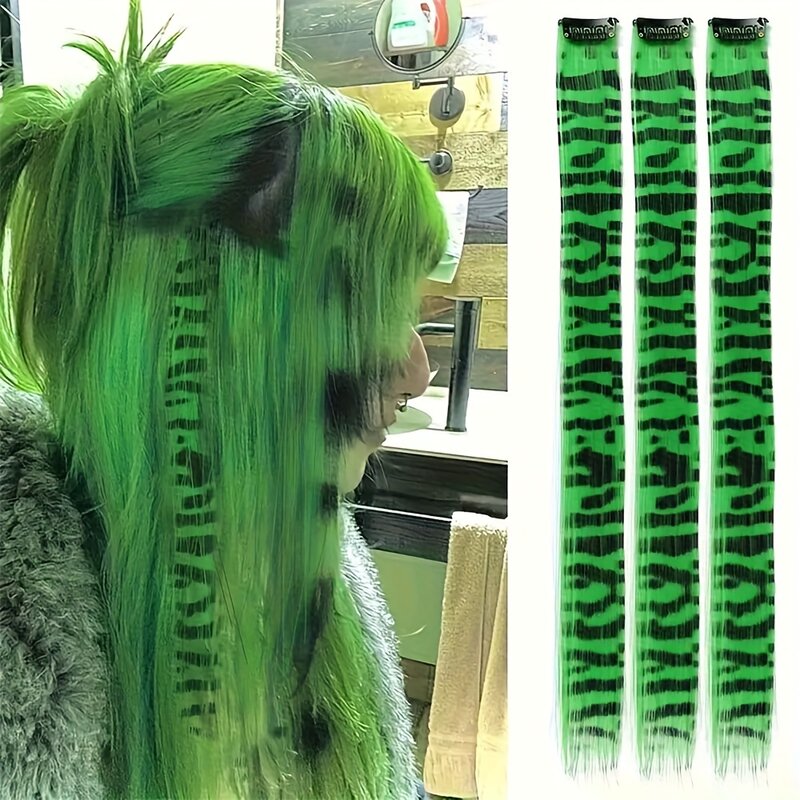 Long Hetero extensões de cabelo sintéticas, Y2K, colorido, Leopard Print, One Piece Clip-In Hairpieces, Cosplay Acessório de Cabelo, 1Pc