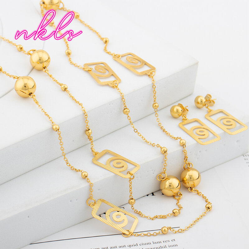 Дубайский винтажный длинный комплект ожерелья для женщин, золотой цвет, роскошная цепочка, ожерелье, серьги-гвоздики, модные свадебные украшения, свадебный подарок