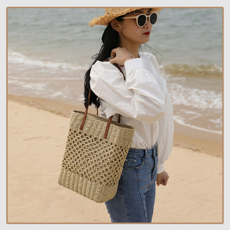 Bolso de paja con hombro tejido a mano para mujer, bolsa de playa, vacaciones en la playa, Corea del Sur