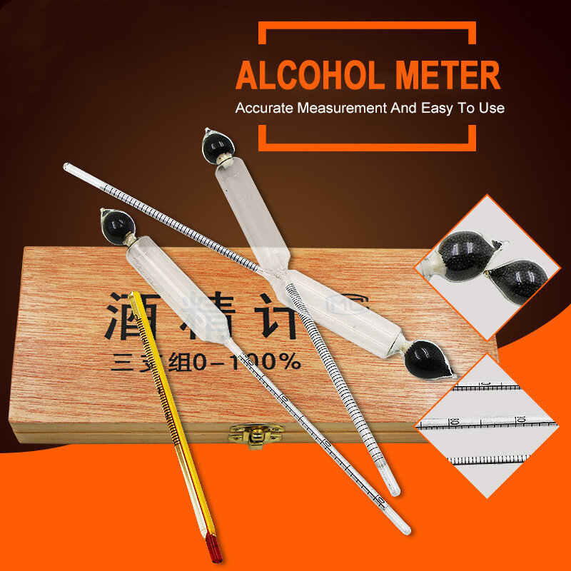 Bafômetro profissional com termômetro, testador de álcool, medidor de vinho, concentração com termômetro, 0-100% de álcool, conjunto