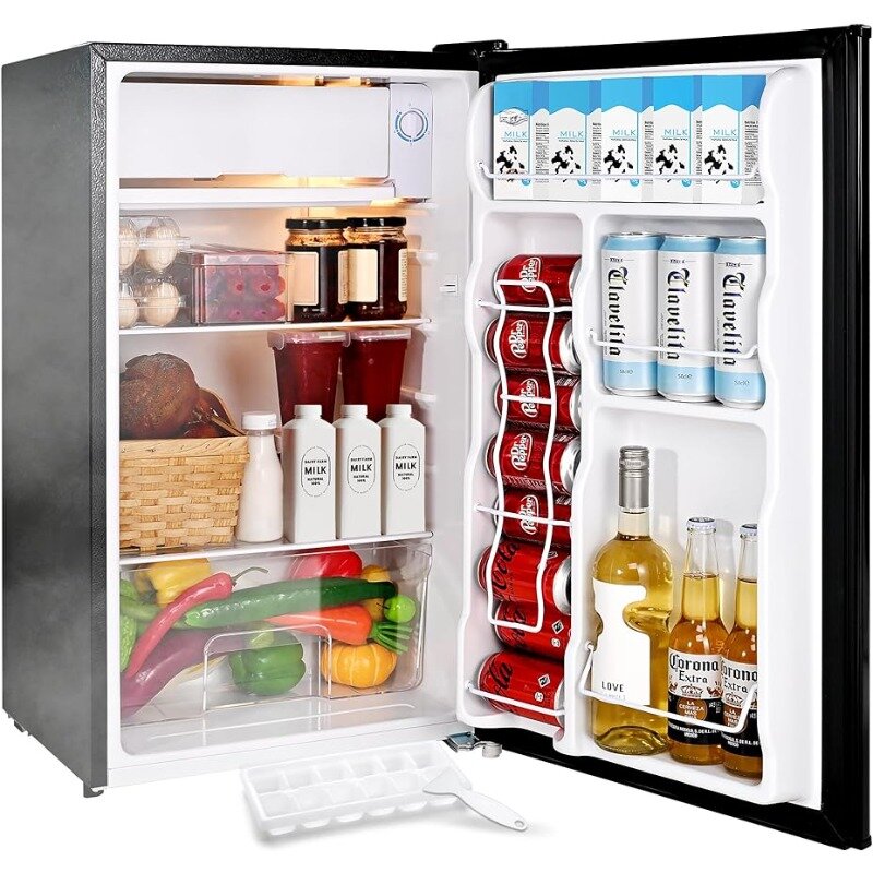 EUHOMY-Mini-frigorífico com congelador, frigorífico compacto de porta única, termostato ajustável, luz LED, 3,2 Cu. ft