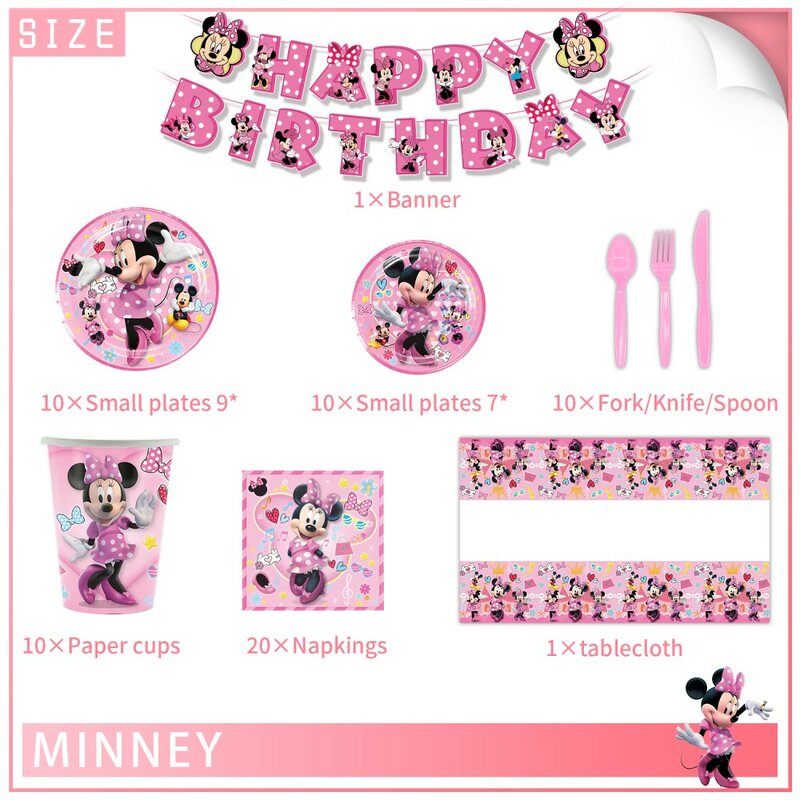 Minnie Mouse Party Decoration Balloons Disposable Tableware Set Pink Minnie Tablecloth Baby Shower Girls Birthday Party Supplies