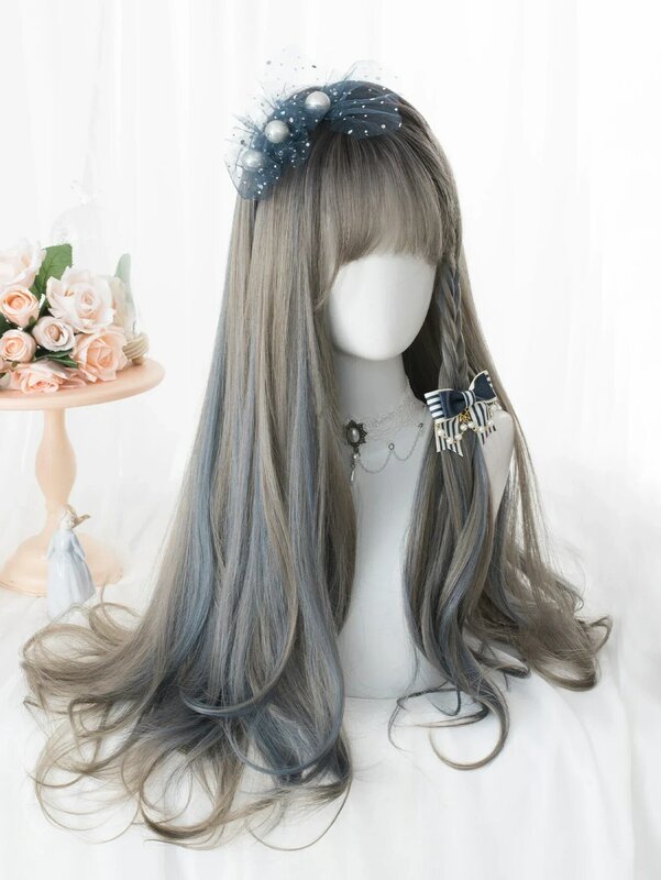 26Inch Silver Gray Highlight Gray Blue With Bang Synthetic Wigs Long Natural Straight Hair Wig for Women Cosplay Heat Resistant