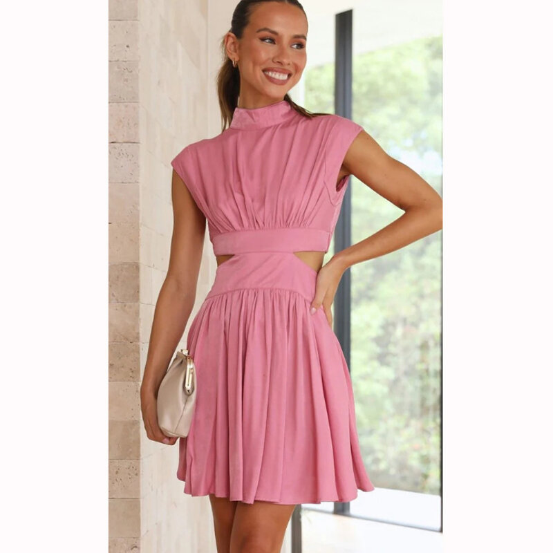 Summer Fashion Pleated Short Dress Women Stand Collar Elegant A-line Cut Out Y2k Sexy Dresses Party Sleeveless Slim Waist 25545