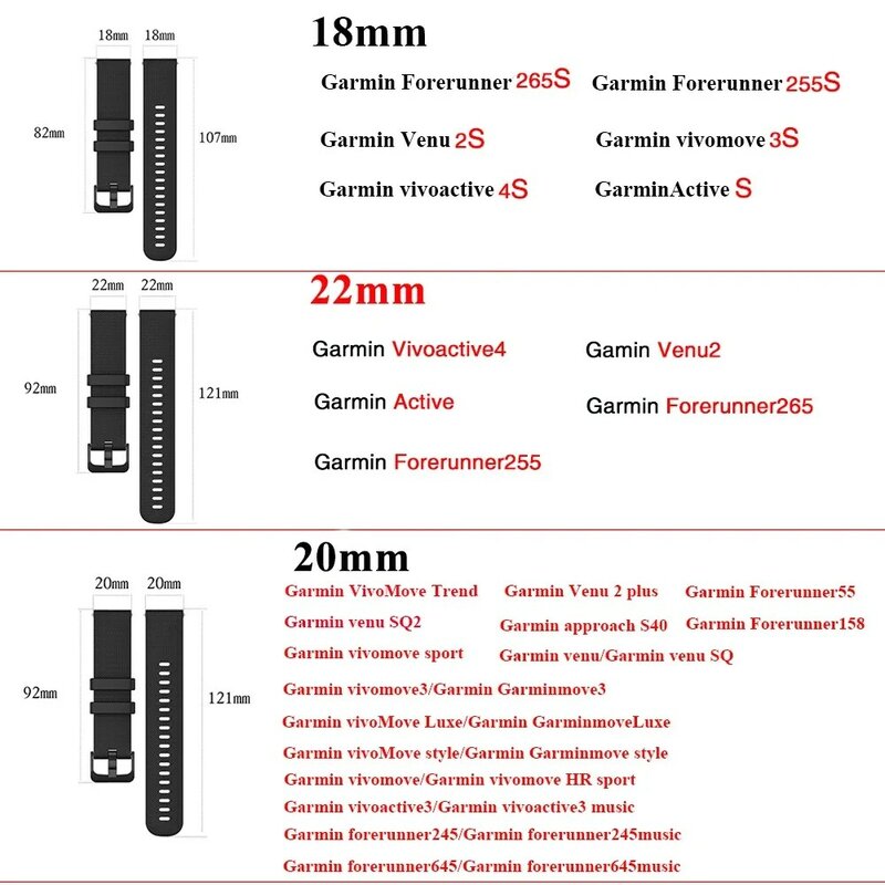 Garmin venu/Vivoactive 3用時計ストラップ,時計バンド,3つの音楽,Vivoactive 4s,Forerunner 245,18mm,20mm,および22mmサイズ