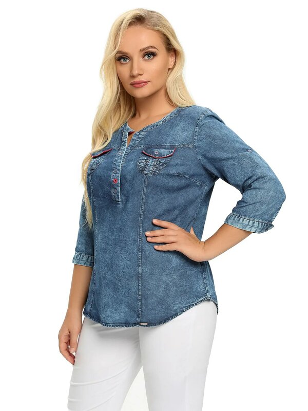 Damen Plus Size Jeans hemd Frühlings mode elegantes Hemd für mollige Damen gewebtes Baumwoll hemd