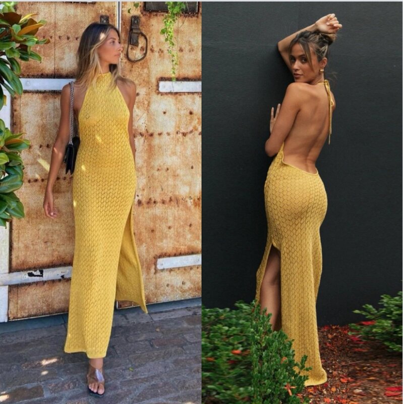 Autumn Knitted Women Prom Dress Sexy Lace Up Sleeveless Side Split Party Gown Hot Girl Fall Street Wear Daily Long Maxi Robes