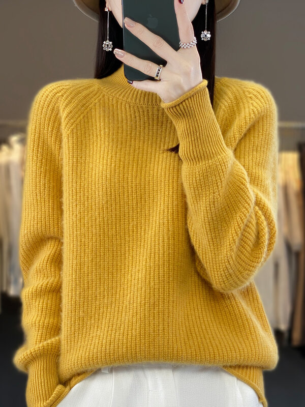 Damski jesienno-zimowy gruby sweter z dekoltem 100% Meino wełniany jednokolorowy ciepły z długim rękawem dzianina z kaszmiru koreański modny Top