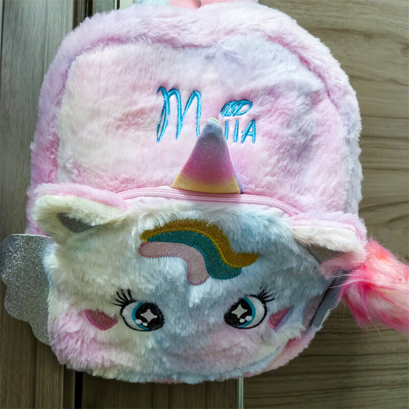 Mochila de unicornio de felpa con nombre personalizado, mochila escolar para niña de jardín de infantes, bolsas de felpa bordadas con ojos grandes para niños