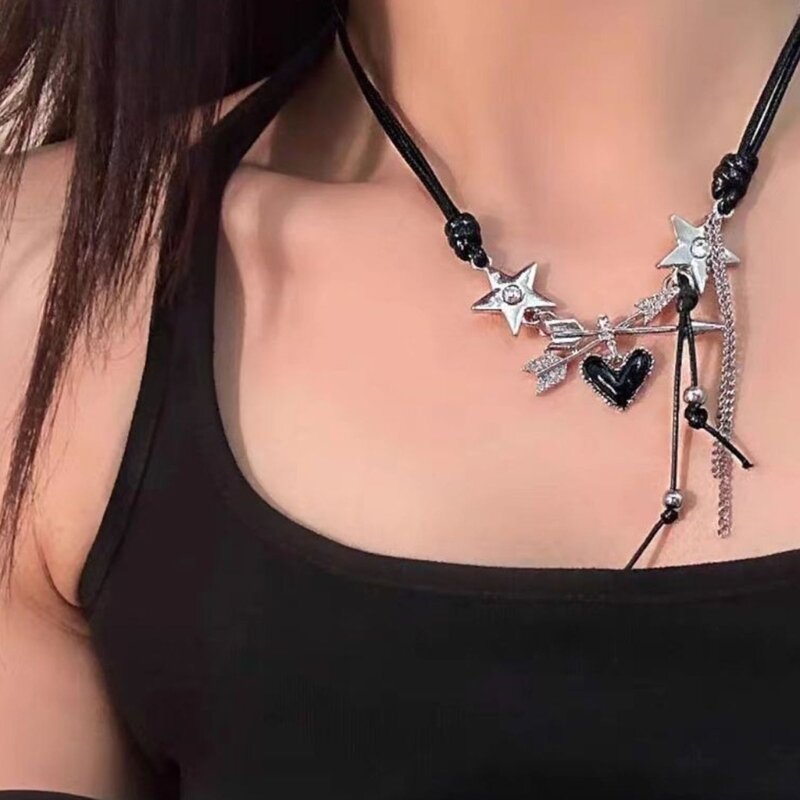 Hadiah Perhiasan Rantai Tulang Selangka Liontin Pinggiran Hati Bintang Minimalis Pakaian Sehari-hari DropShip