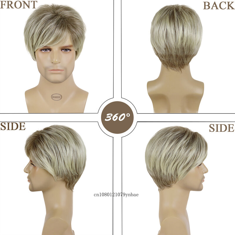 Mix Blonde Wigs Synthetic Hair Short Straight Natural Layered Wig with Bangs for Men Male Daily Costume Party Heat Resistant