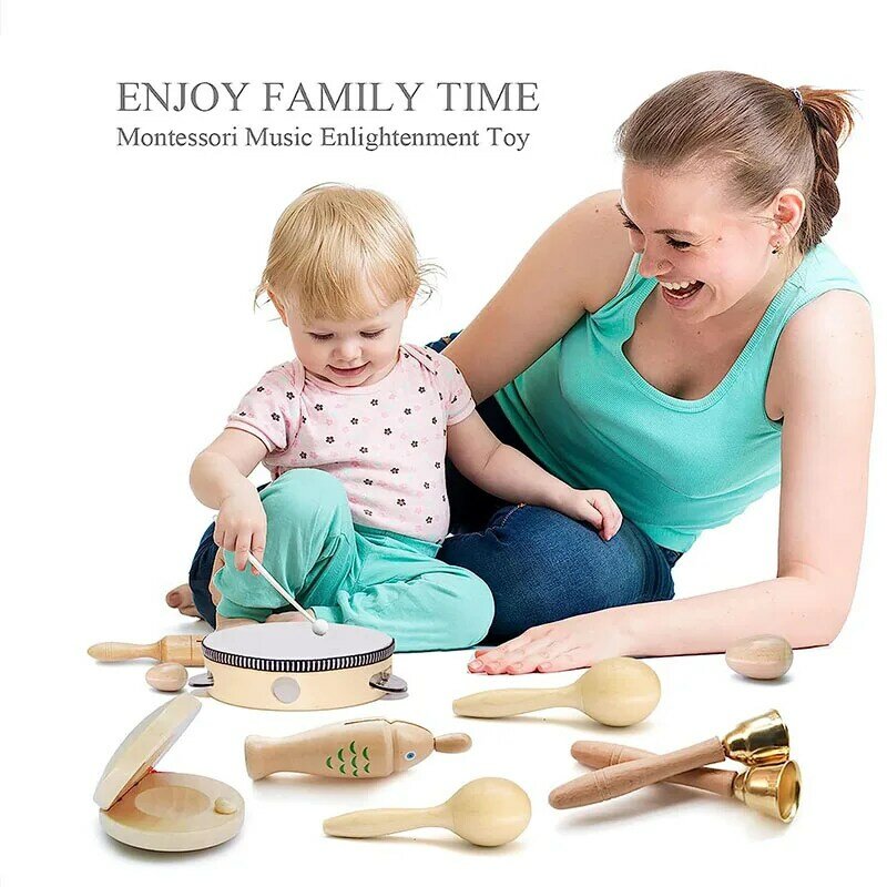 Instrumentos musicales de madera para niños, juguete educativo Montessori, juego de instrumentos de música de madera Natural para bebés recién nacidos de 0 a 12M