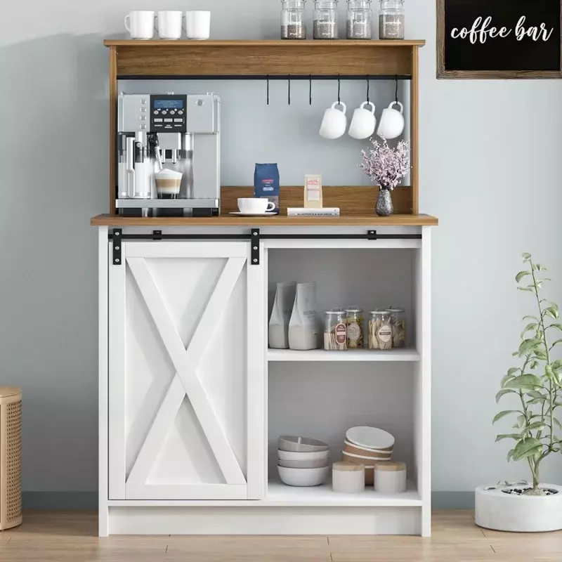 4ever2buy-Armoire de café-bar de ferme avec 6 crochets, café-bar blanc avec rangement, armoire de planche de cuisine avec étagère réglable