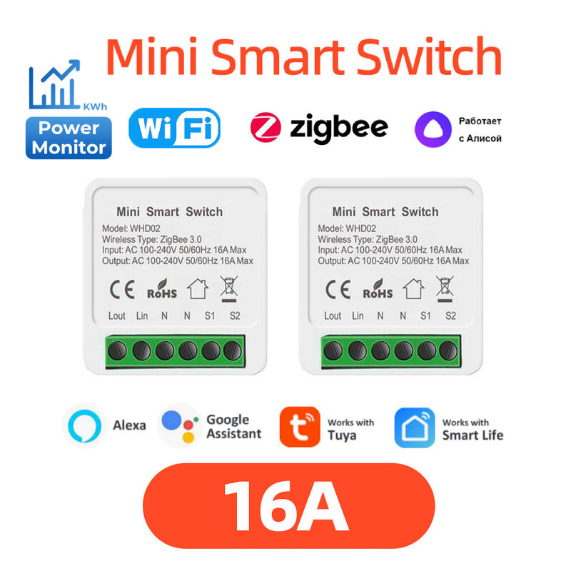 Tuya ZigBee WiFi Smart Switch с монитором питания 16 A DIY Реле голосового управления Комплекты для автоматизации умного дома для Alexa Google Alice