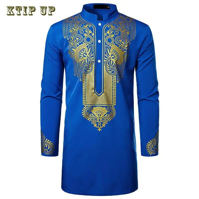 Luxe Casual Islamitisch Arabisch Abaya Gewaad Mode Etnische Print Kraag Jeugd Mid-Length Shirt Jas 2024 Moslim Mannen Kleding