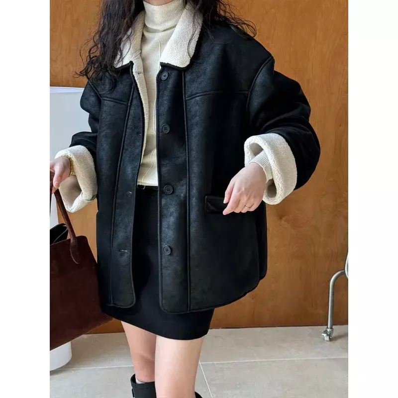 Женское винтажное пальто из овечьей шерсти, Простое Повседневное свободное базовое теплое пальто с лацканами и длинным рукавом на осень и зиму, французское пальто из искусственного меха