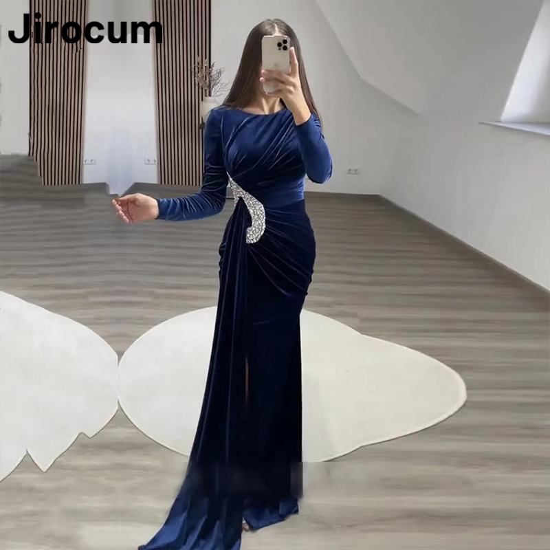 Jirocum Royal Blue Velvet Prom Gowns Women's Round Neck Beaded Long Sleeve Party Evening Gown Mermaid Formal Occasion Dress 2024